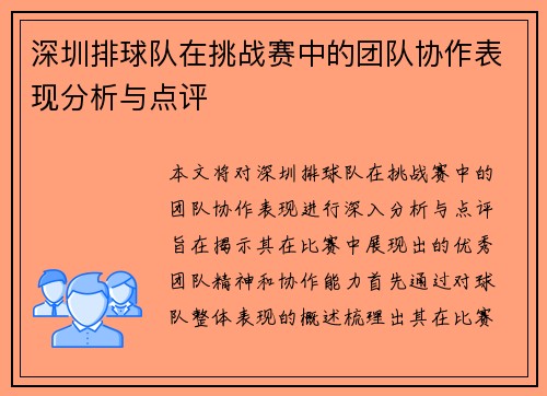 深圳排球队在挑战赛中的团队协作表现分析与点评