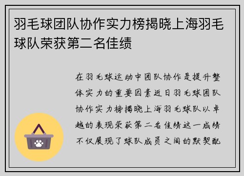 羽毛球团队协作实力榜揭晓上海羽毛球队荣获第二名佳绩